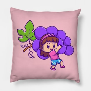 Cute Girl Holding Grape Cartoon Pillow