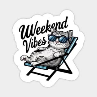 One design features a cool and comfortable kitten wearing sunglasses, casually lounging on a beach chair Magnet