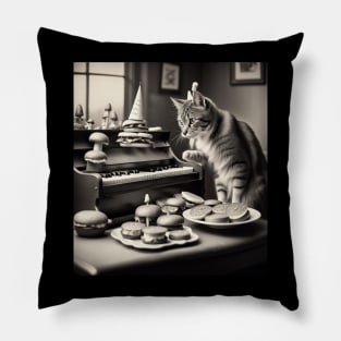 piano playing cat with burgers on his birthday Pillow