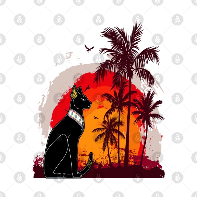 Black Cat Watching Sunset Palm Tree Beach by DjoDjo