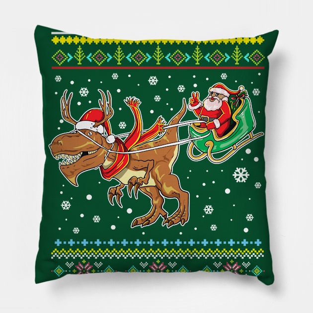 Santa Claus T Rex Reindeer Sleigh Ugly Christmas Sweater Pattern Pillow by E