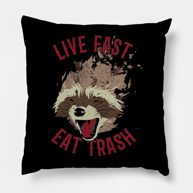 Live Fast Eat Trash Angry Raccoon Face Textured Pillow by Virkalosa