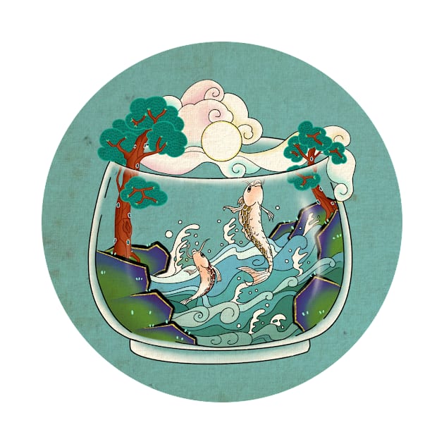 Minhwa: Jumping Carps Terrarium F Type (Korean traditional/folk art) by koreanfolkpaint