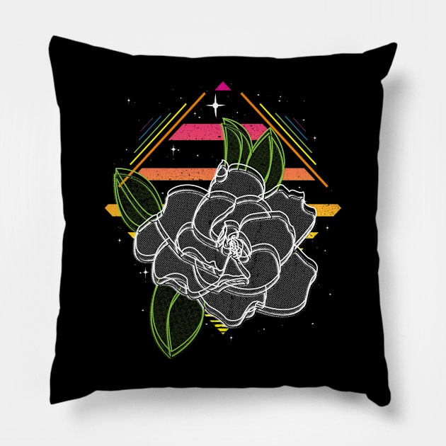 Retrowave Neon Gardenia Flower Pillow by ArtDiggs