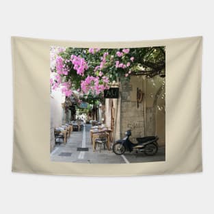 Greek street with pink blossom Tapestry