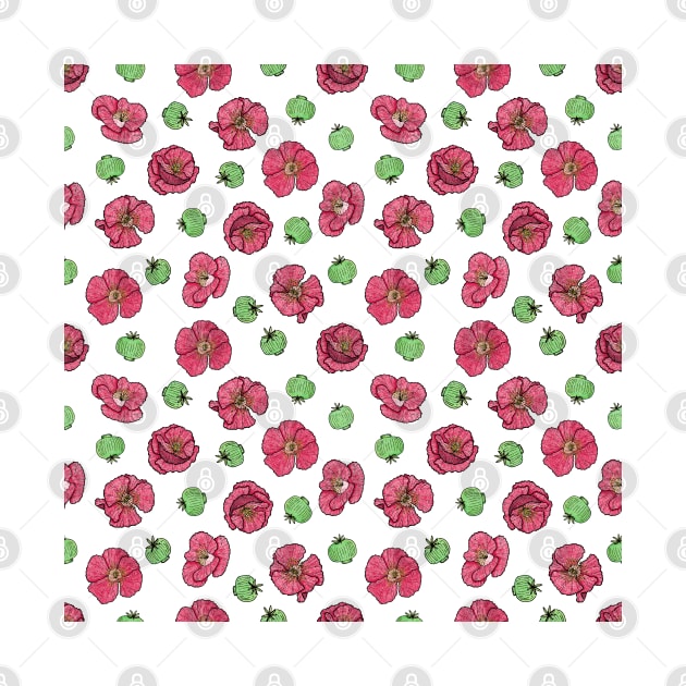 Poppies flowers and seeds pattern - White by PrintablesPassions