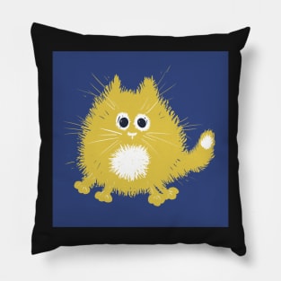 Funny Yellow Fluffy Cat on Blue Background Pillow