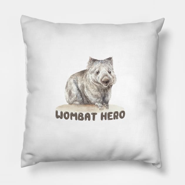 Wombat Hero Watercolor Illustration Pillow by wanderinglaur