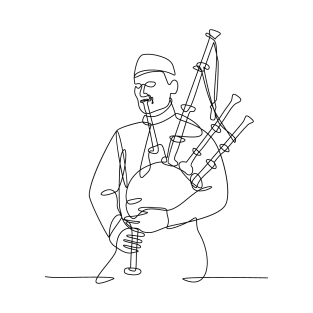 Scottish Bagpiper Playing Bagpipe Continuous Line Drawing Black and White T-Shirt