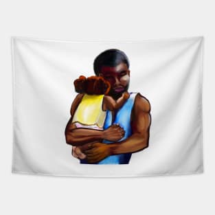 The best Father’s Day gifts 2022. Father and child - Super hero dad -  Strong muscular black man cradling a baby Tapestry