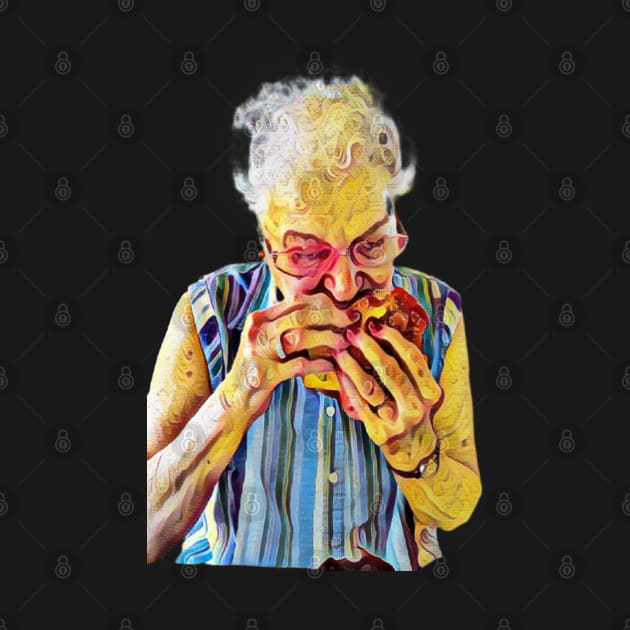 Dive In, Gram Devouring a Cheeseburger by Green Bird Farms