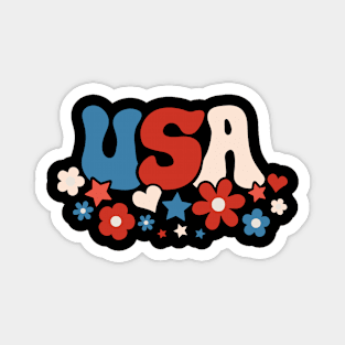 american groovy flower 4th july America retro patriotic USA Magnet