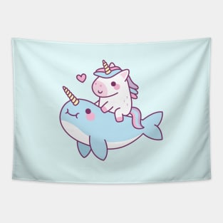 Cute Little Unicorn Riding Narwhal Tapestry