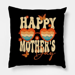 Retro Groovy Happy Mother's Day With Glasses and Flower Mom Pillow