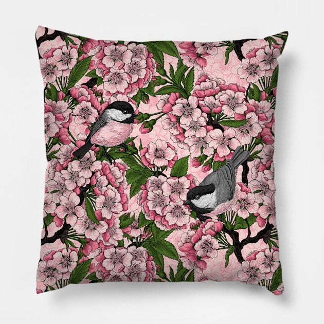 Cherry blossom and chickadees on pink Pillow by katerinamk