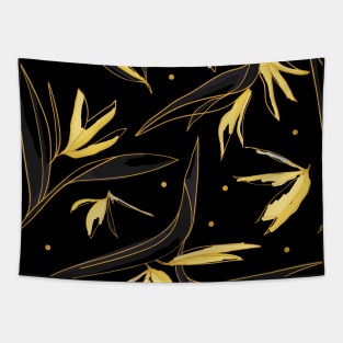 Golden bird of paradise flowers dark pattern Tapestry