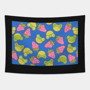 Frogs and Strawberries on Bright Dark Blue Tapestry