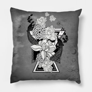 Wonderful flowers in black and white with peacock Pillow