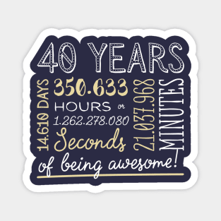 40th Birthday Gifts - 40 Years of being Awesome in Hours & Seconds Magnet