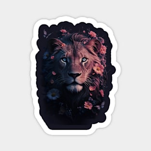 highly detailed and vibrant portrait of a lion’s head adorned with flowers and butterflies against a dark background, creating a striking contrast Magnet