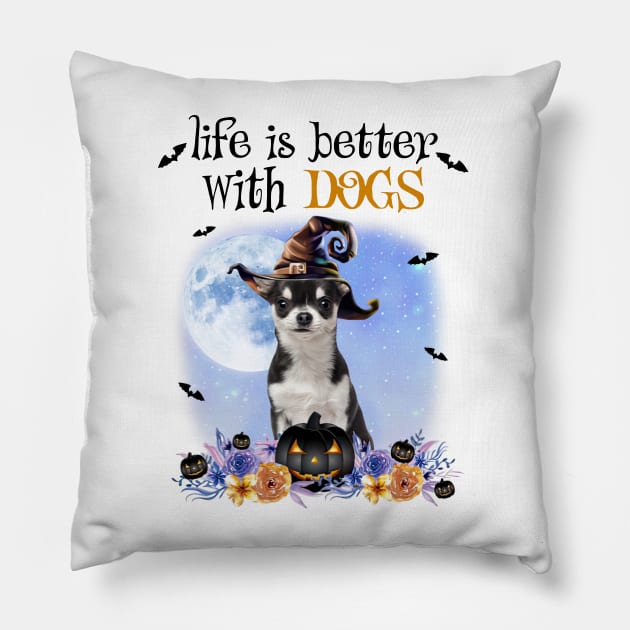 Black Chihuahua Witch Hat Life Is Better With Dogs Halloween Pillow by nakaahikithuy