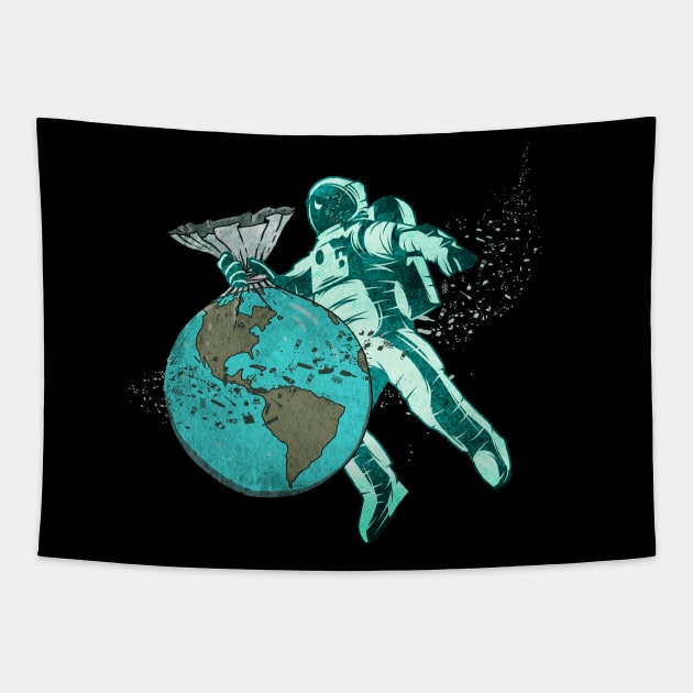 Plastic Pollution - Astronaut and Plastic Planet Earth Tapestry by Jitterfly