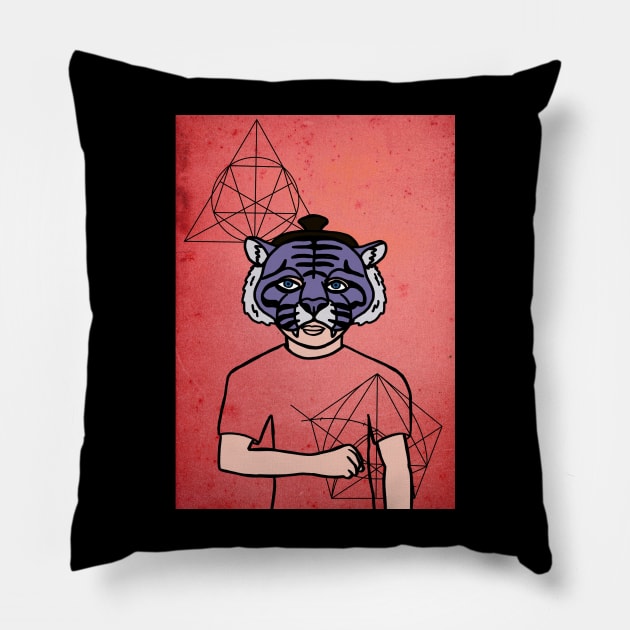 DaVinci-Inspired Male Character with Animal Mask and Blue Eyes Pillow by Hashed Art