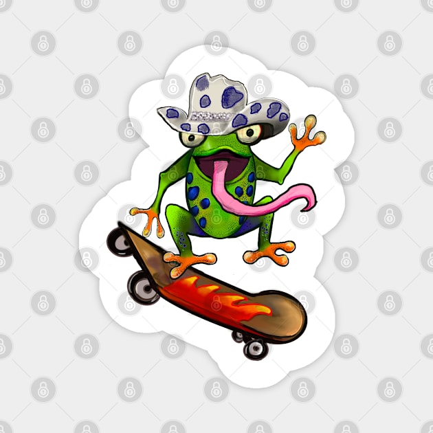 Frog Kawaii Froggy Skateboarding Cute Frog in blue Texas cowboy hat Funny toad toads amphibian tadpole Green Red eyed tree frogs rain forest Lizard dragon zoology gift frog Magnet by Artonmytee