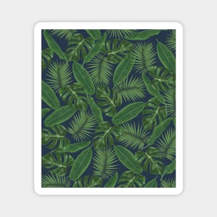 Tropical Green Leaves Pattern on Dark Blue Magnet