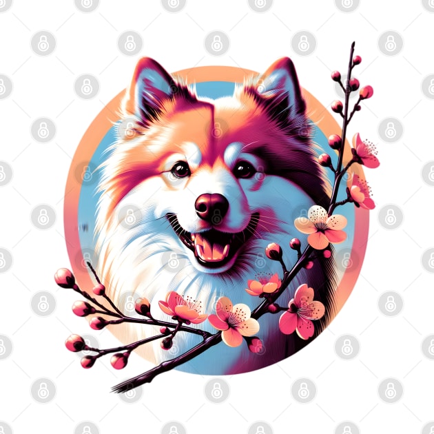 Joyful Finnish Spitz with Spring Cherry Blossoms by ArtRUs