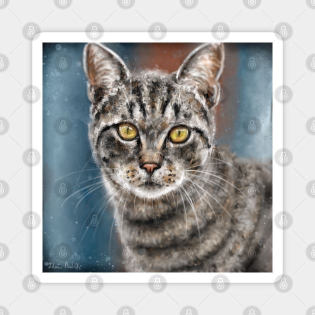 Contemporary Painting of a Gray Cat with Black Stripes and Yellow Eyes Magnet by ibadishi