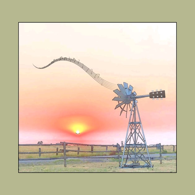 Farm Scene at Sunset with Windmill Playing Guitar by numpdog