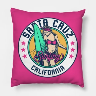 Retro Surfer Babe Badge Santa Cruz California Pillow