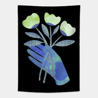 Blue hand with green flowers for you on black background Tapestry