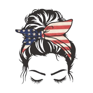 Messy Bun Girl American Flag Bandana T-Shirt