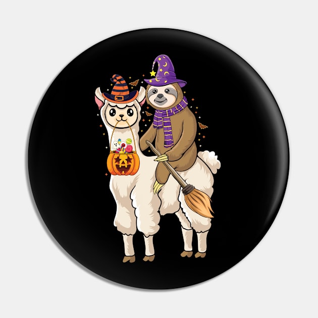 cute Lazy Sloth riding llama Witch Hat Halloween Animal lovers Halloween sloth Pin by UNXart