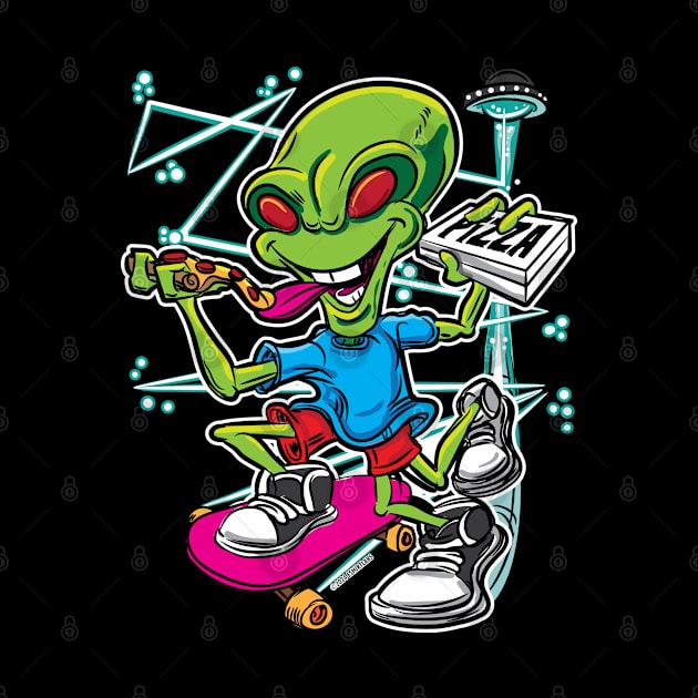 Alien UFO Flying Saucer Pizza Delivery Skateboard by eShirtLabs