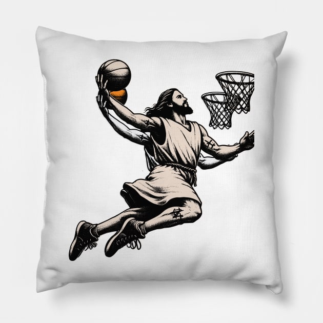 Funny Jesus Basketball Dunk Pillow by mieeewoArt