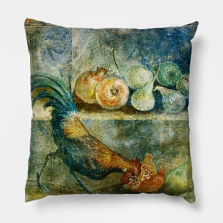 COCKEREL PECKING AT POMEGRANATES,FIGS AND PEARS ANTIQUE POMPEII MURAL PAINTING WITH FRUITS Pillow