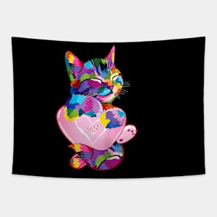 Rainbow Valentine Cute Cat Hugging Heart Kitty Love Cat Tapestry