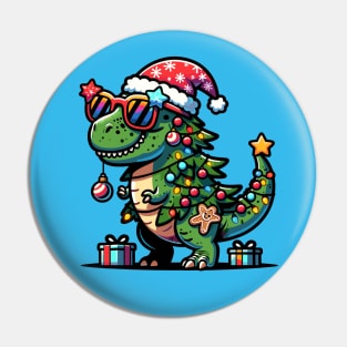 Tree-Rex Holiday Dinosaur - Christmas Tree T-Rex TreeRex Pun with Santa Hat, Lights and Ornaments Pin