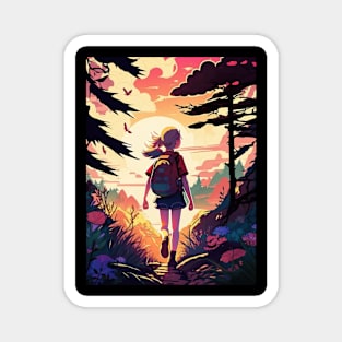 Girl trekking in the woods with a beautiful sunset effect Magnet