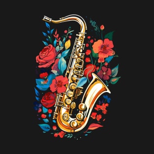 Saxophone Instrument Retro Red Flowers Color Nature Splash T-Shirt