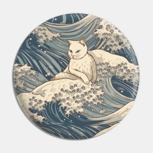 White Cat Chilling on Waves of Japan Pin