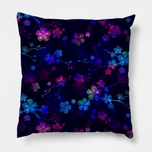 Bright Neon Pink and Blue Cherry Blossom Flowers and Vines Pillow