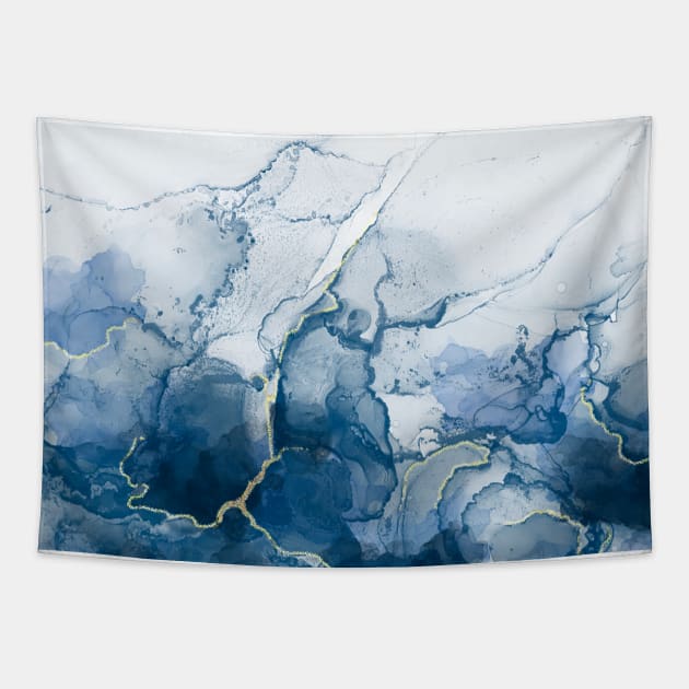 Navy Blue and Gold Marbled Ink Pattern Tapestry by Lady Lilac