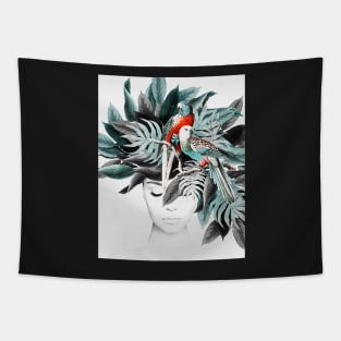 Woman with tropical plants, Parrot, Abstract, Girl, Fashion art, Modern art, Wall art, Print, Modern Tapestry