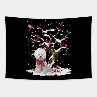 White Bichon Frise Scarf Cardinal Snow Christmas Tapestry