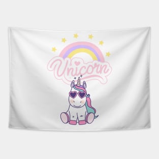 Cute Unicorn with Glasses, Rainbow, And Stars Tapestry