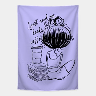 I Just Need My Books & Coffee - Cute Line Art Tapestry